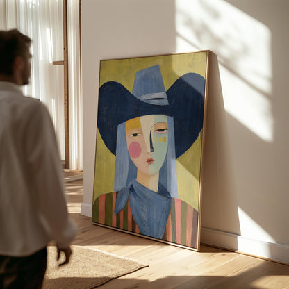 Cubist cowgirl with a big navy hat and multicolor face on olive yellow, canvas print displayed on a neutral wall in a styled interior