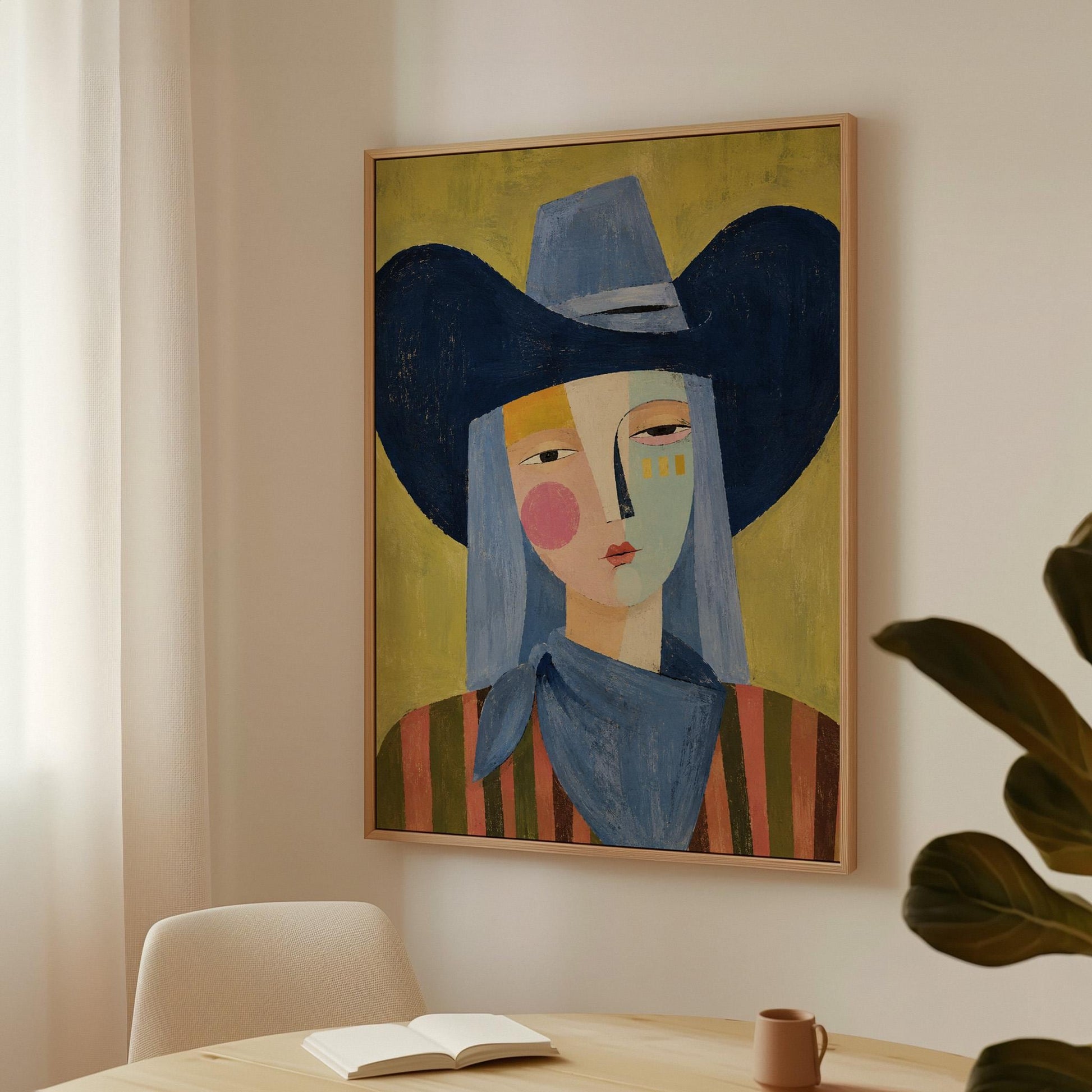 Cubist cowgirl with a big navy hat and multicolor face on olive yellow, canvas print shown in a sunlit, contemporary room