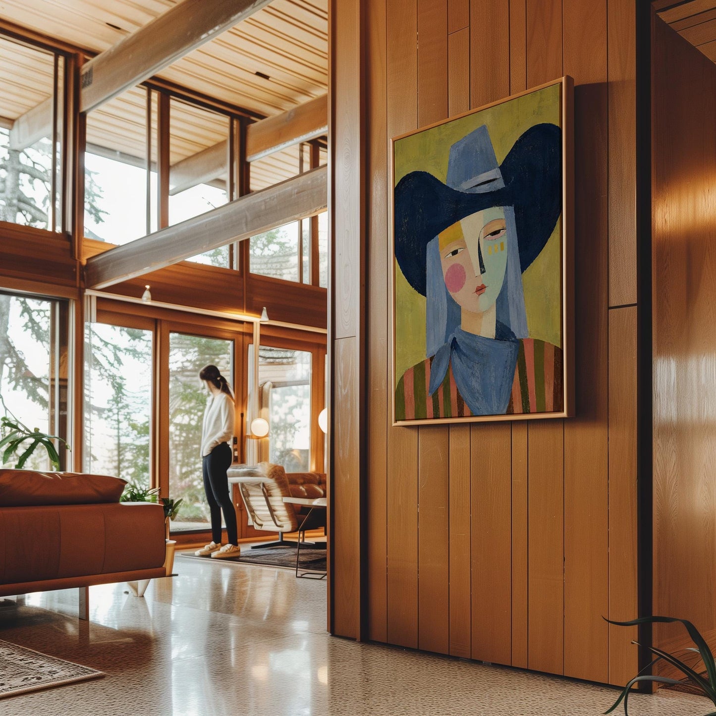 Cubist cowgirl with a big navy hat and multicolor face on olive yellow, canvas print seen in a warm interior with natural light