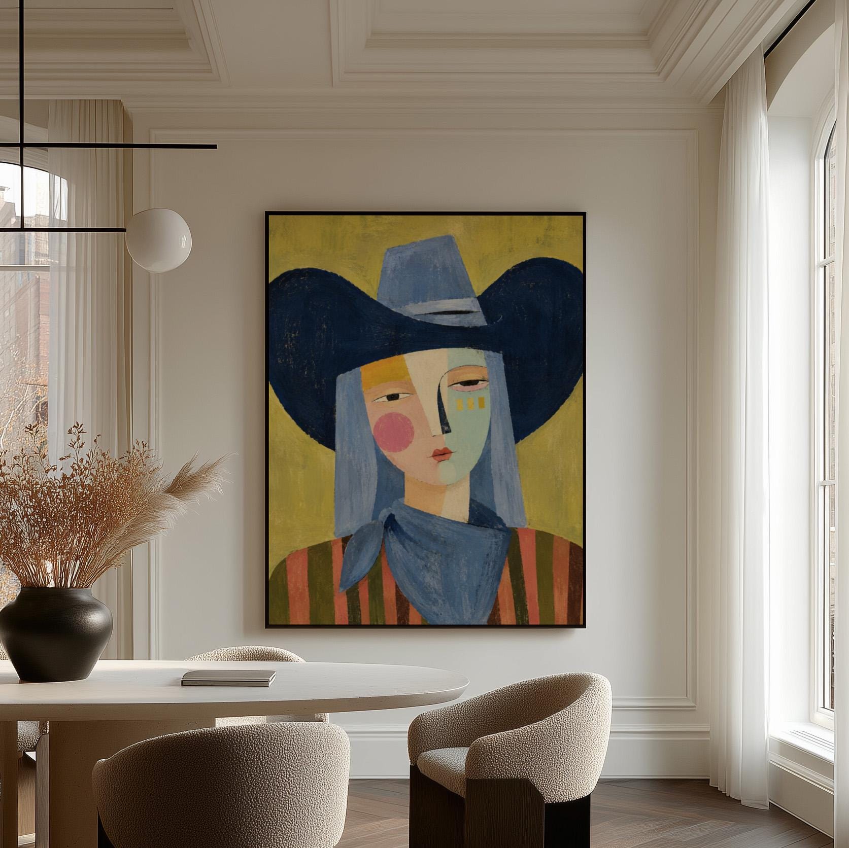 Cubist cowgirl with a big navy hat and multicolor face on olive yellow, canvas wall art presented in a light, minimal room
