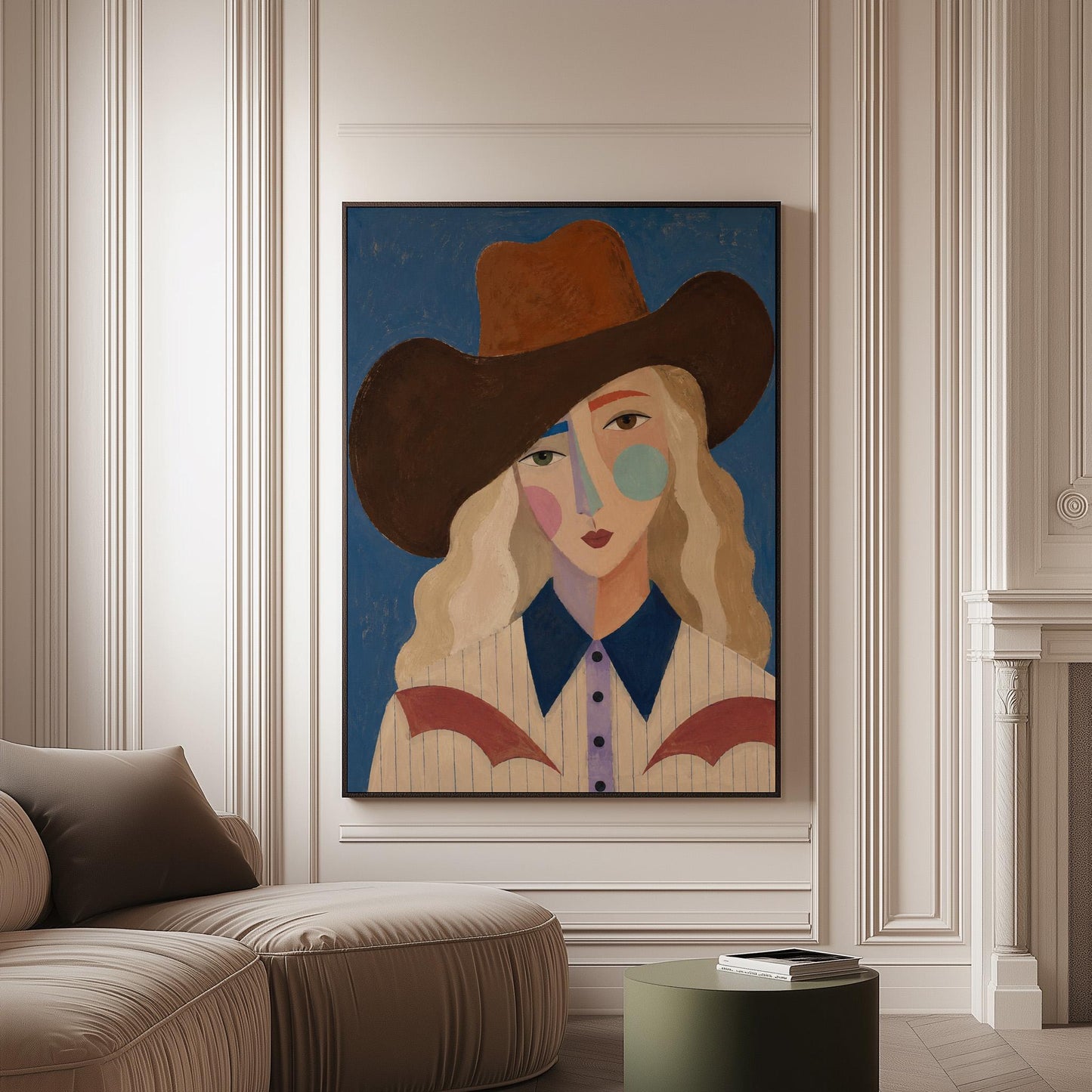 Blonde cowgirl in a rust hat with a cubist pastel face on deep blue, canvas print on a softly lit wall in a calm interior