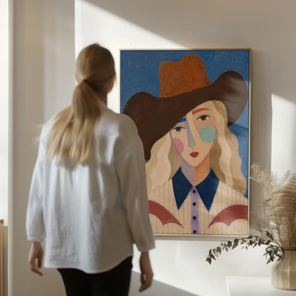 Blonde cowgirl in a rust hat with a cubist pastel face on deep blue, canvas print presented in a light, minimal room
