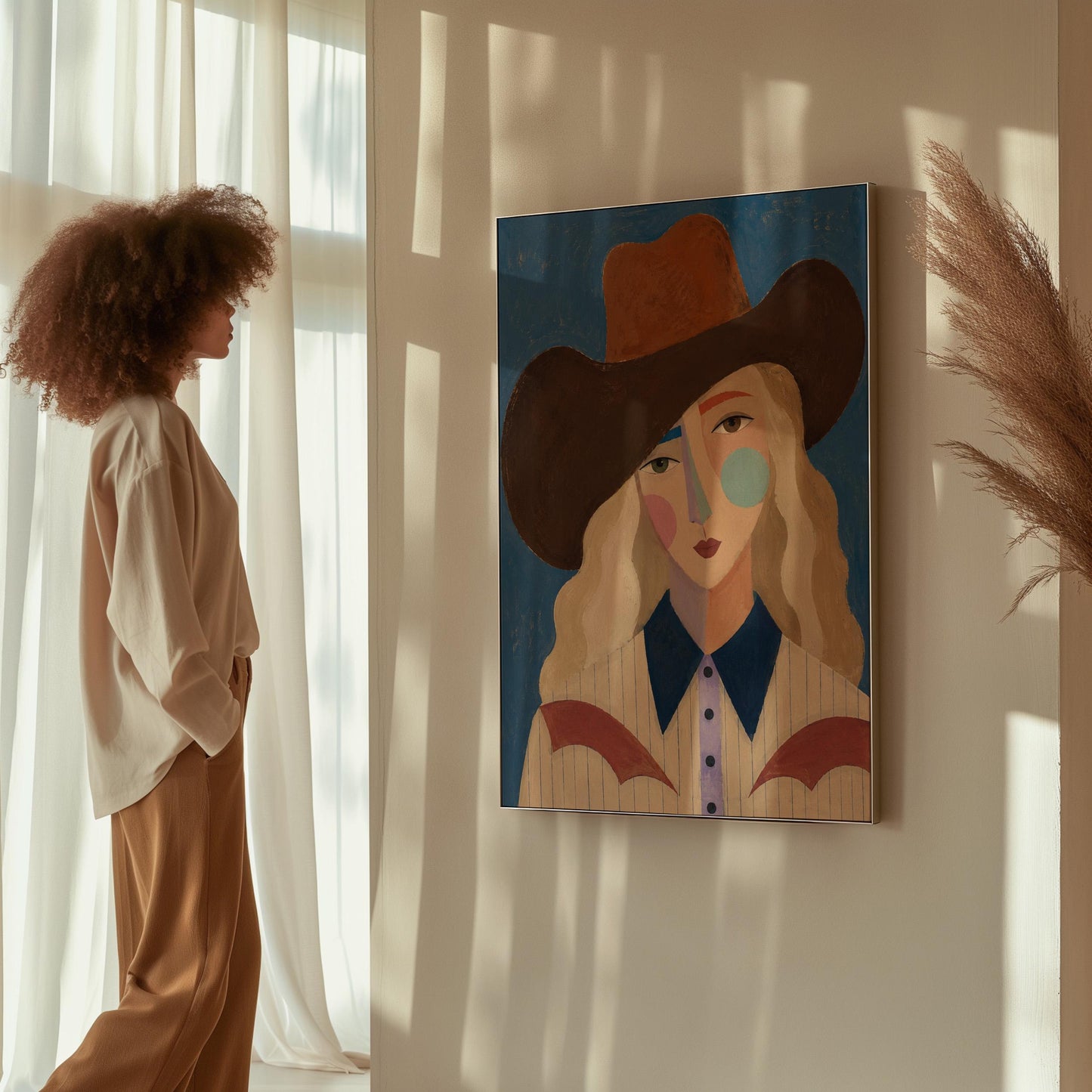 Blonde cowgirl in a rust hat with a cubist pastel face on deep blue, canvas print on a quiet wall in a considered interior