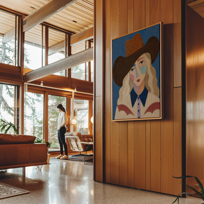 Blonde cowgirl in a rust hat with a cubist pastel face on deep blue, canvas print hanging in a calm, modern living space