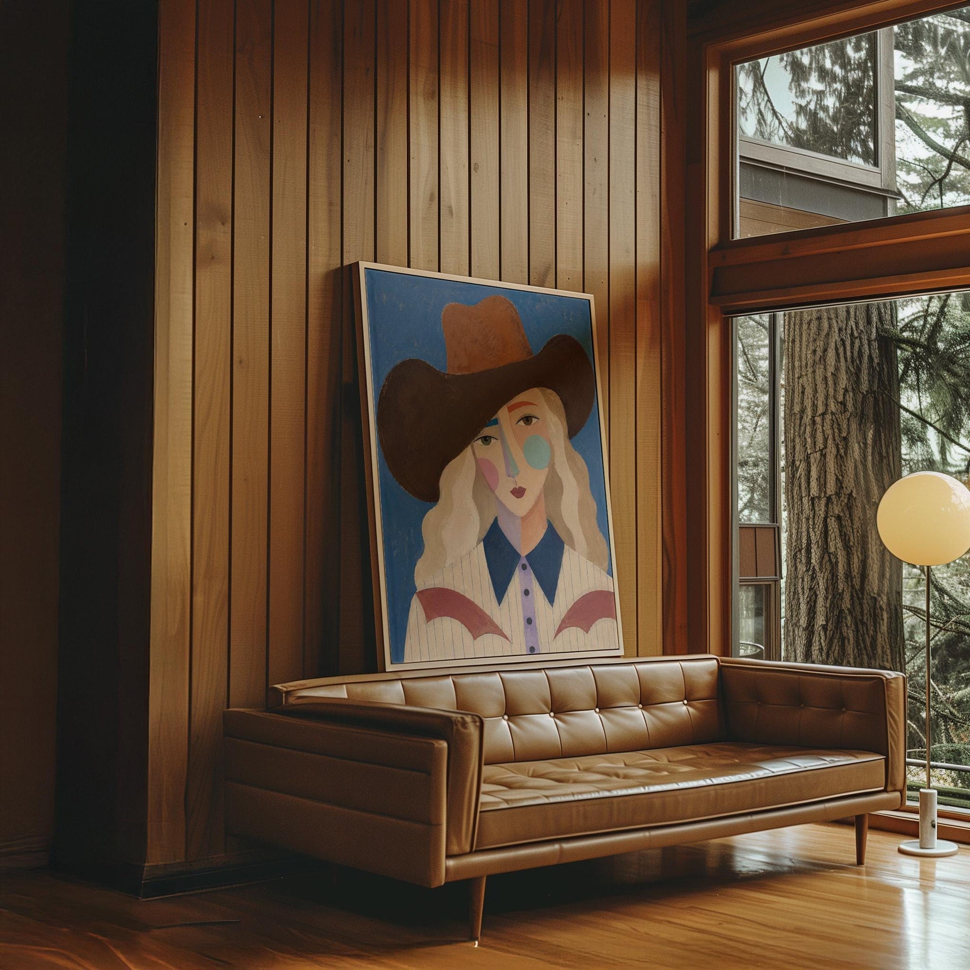 Blonde cowgirl in a rust hat with a cubist pastel face on deep blue, canvas wall art seen in a warm interior with natural light