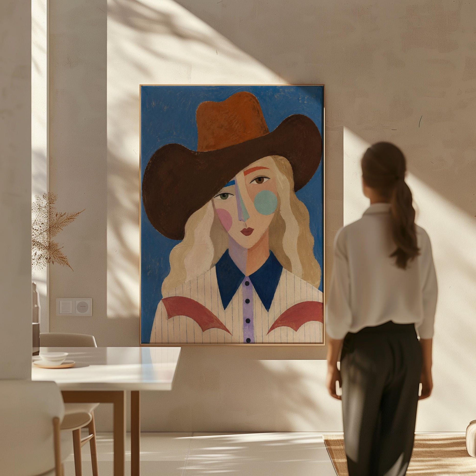 Blonde cowgirl in a rust hat with a cubist pastel face on deep blue, canvas wall art presented in a light, minimal room