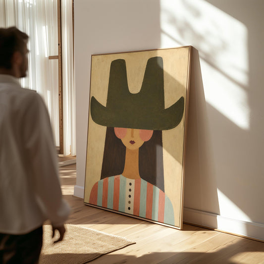 Folk cowgirl in a big green hat and striped shirt with long dark hair, canvas print hanging in a calm, modern living space
