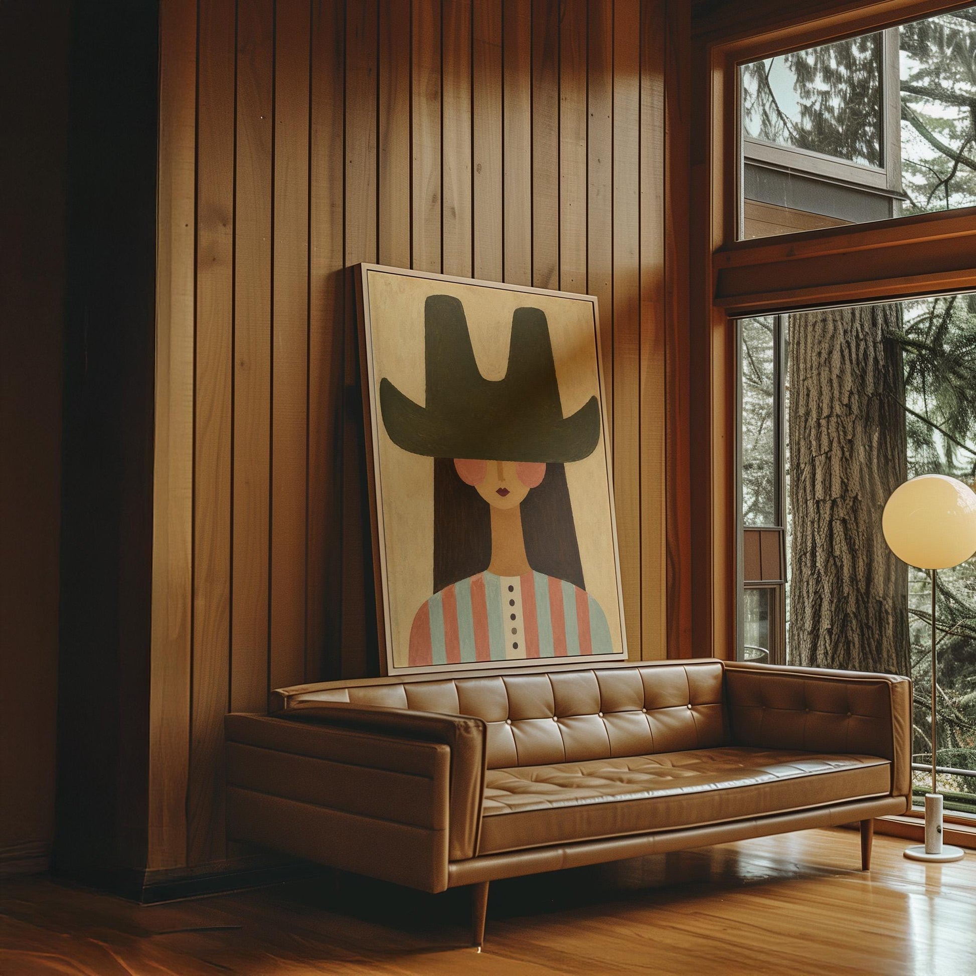 Folk cowgirl in a big green hat and striped shirt with long dark hair, canvas print styled against a soft white wall