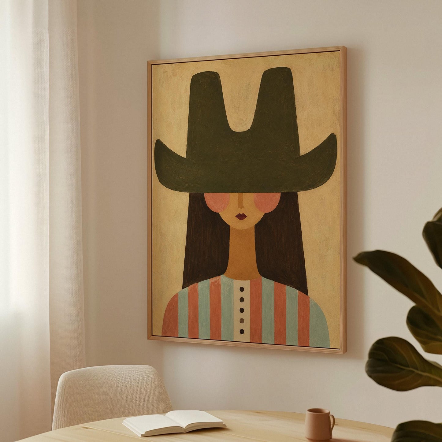 Folk cowgirl in a big green hat and striped shirt with long dark hair, canvas print on a quiet wall in a considered interior