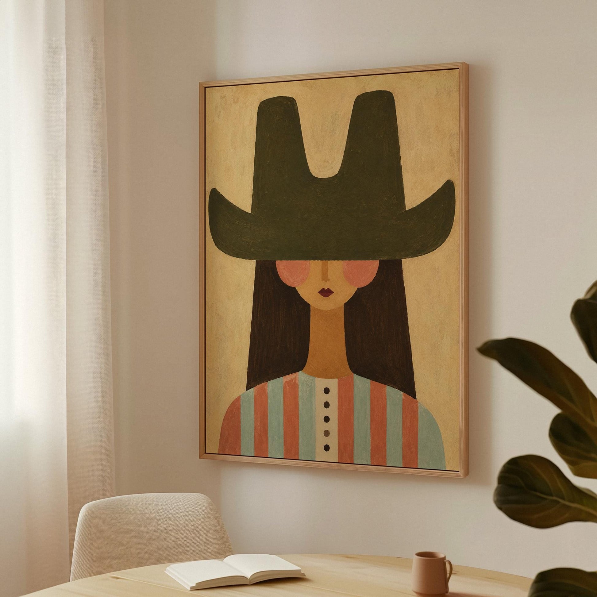 Folk cowgirl in a big green hat and striped shirt with long dark hair, canvas print on a quiet wall in a considered interior