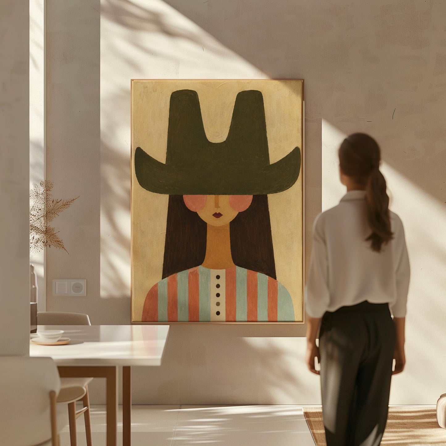 Folk cowgirl in a big green hat and striped shirt with long dark hair, canvas print shown in a sunlit, contemporary room