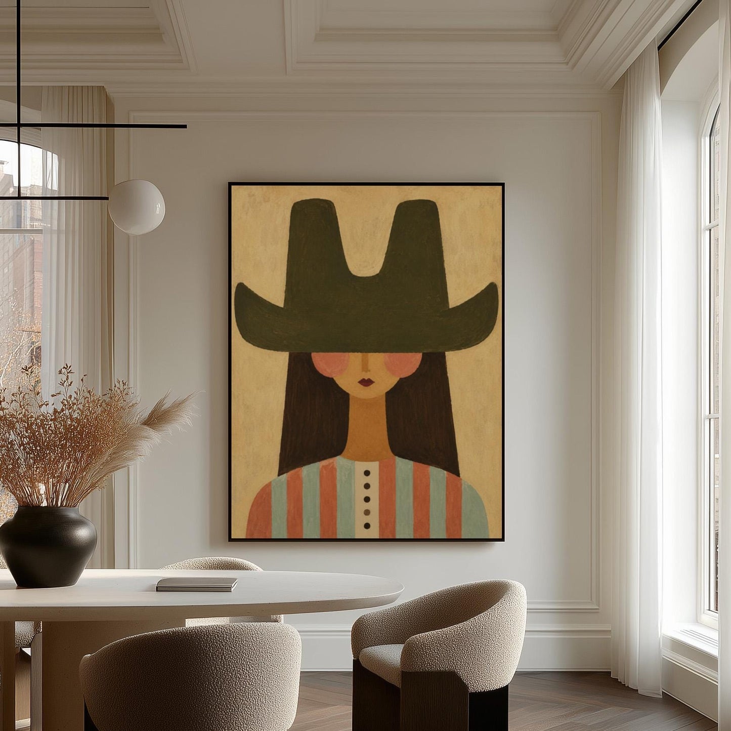 Folk cowgirl in a big green hat and striped shirt with long dark hair, canvas wall art on a quiet wall in a considered interior
