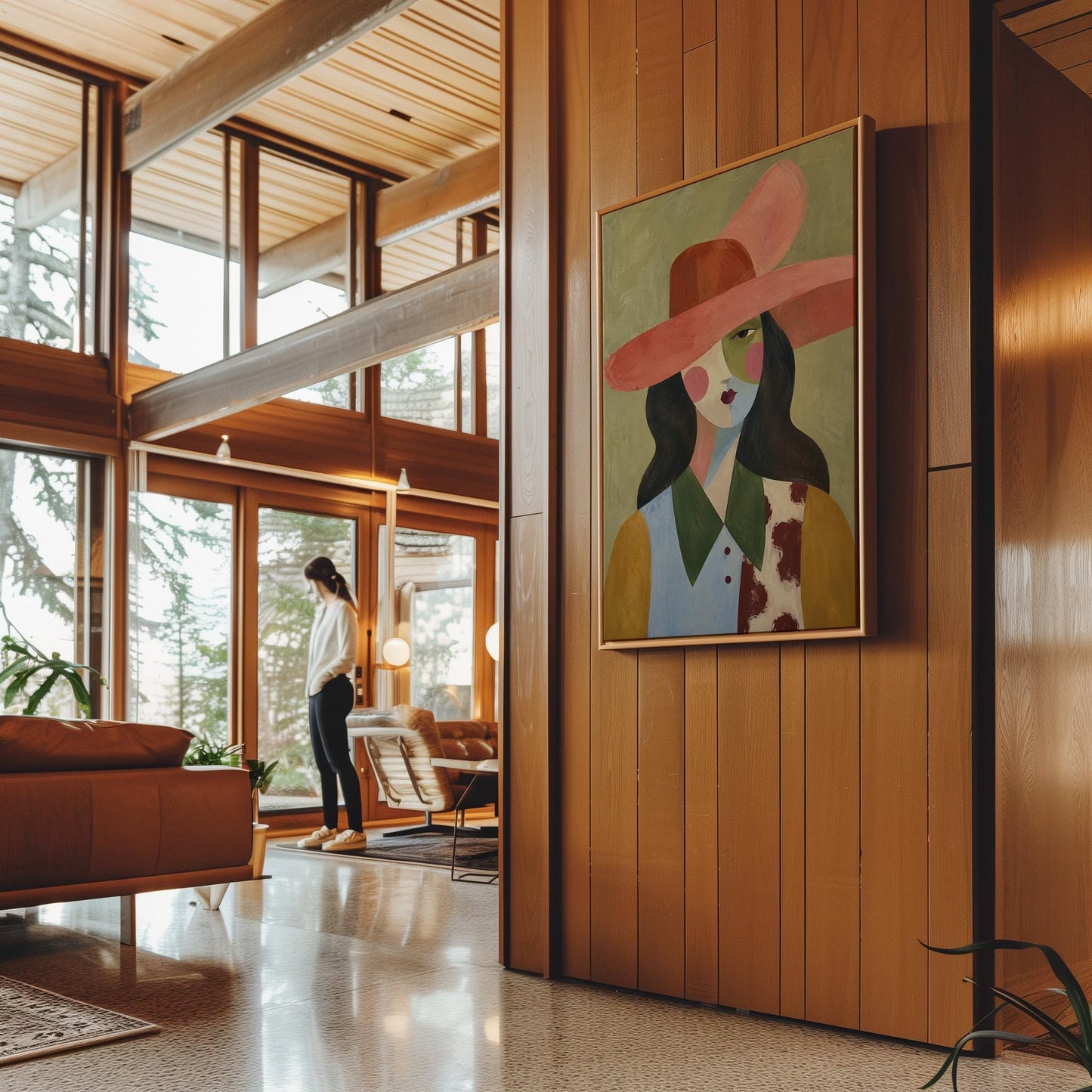 Abstract cowgirl in a wide coral hat with a cow print vest and dark hair, canvas print seen in a warm interior with natural light