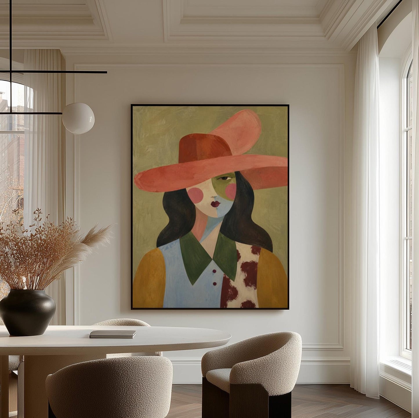 Abstract cowgirl in a wide coral hat with a cow print vest and dark hair, canvas print shown in a sunlit, contemporary room