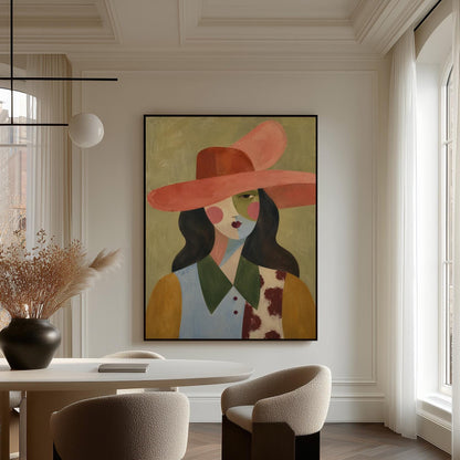 Abstract cowgirl in a wide coral hat with a cow print vest and dark hair, canvas print shown in a sunlit, contemporary room