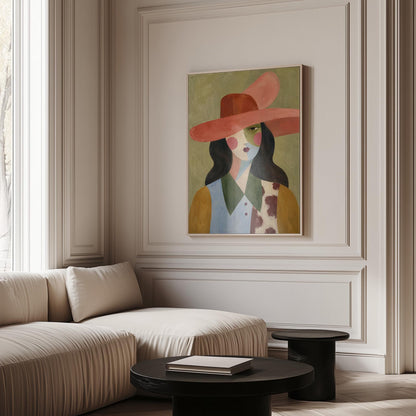 Abstract cowgirl in a wide coral hat with a cow print vest and dark hair, canvas wall art hanging in a calm, modern living space