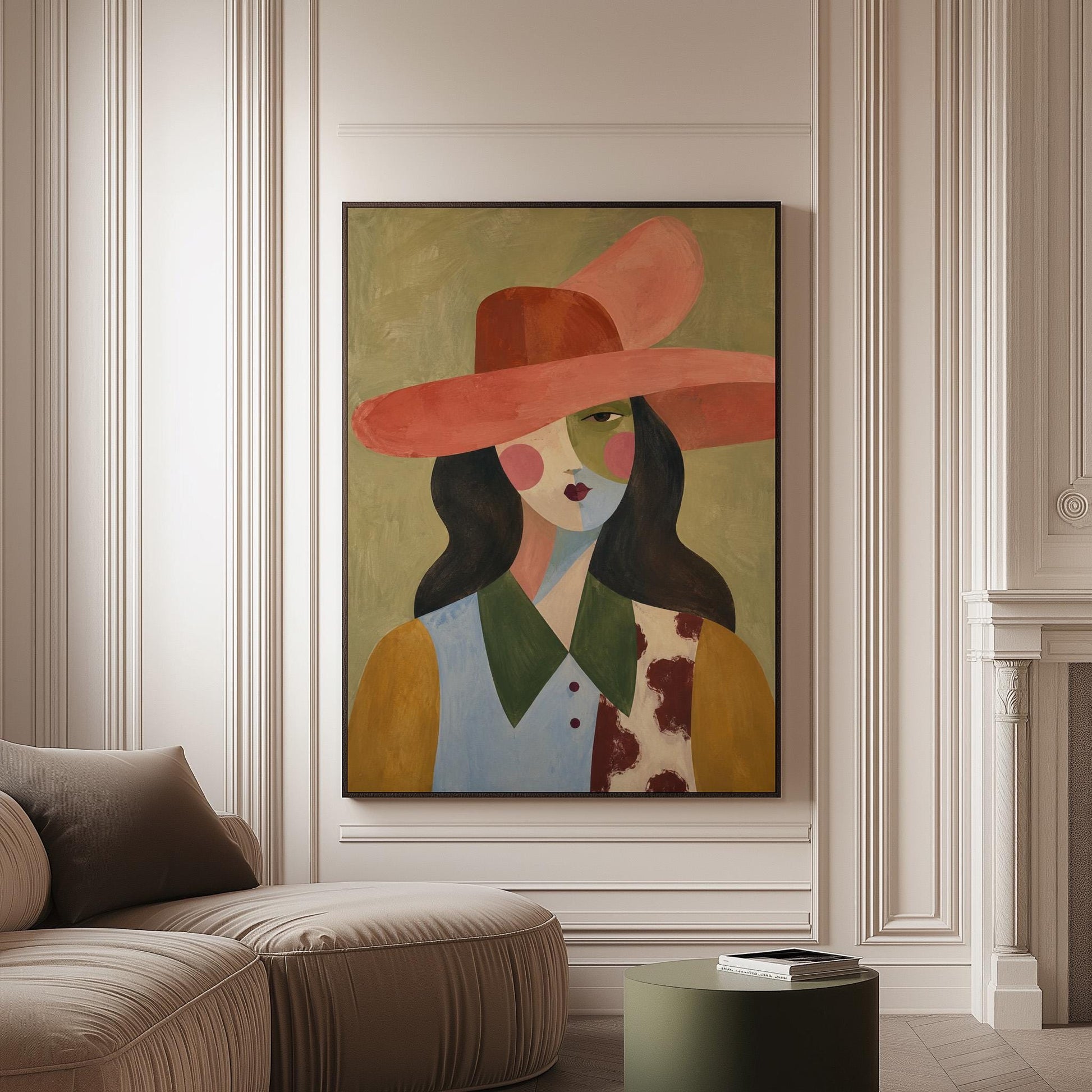 Abstract cowgirl in a wide coral hat with a cow print vest and dark hair, canvas print on a softly lit wall in a calm interior