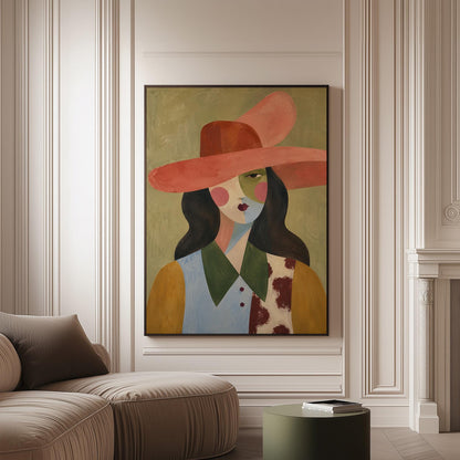 Abstract cowgirl in a wide coral hat with a cow print vest and dark hair, canvas print on a softly lit wall in a calm interior
