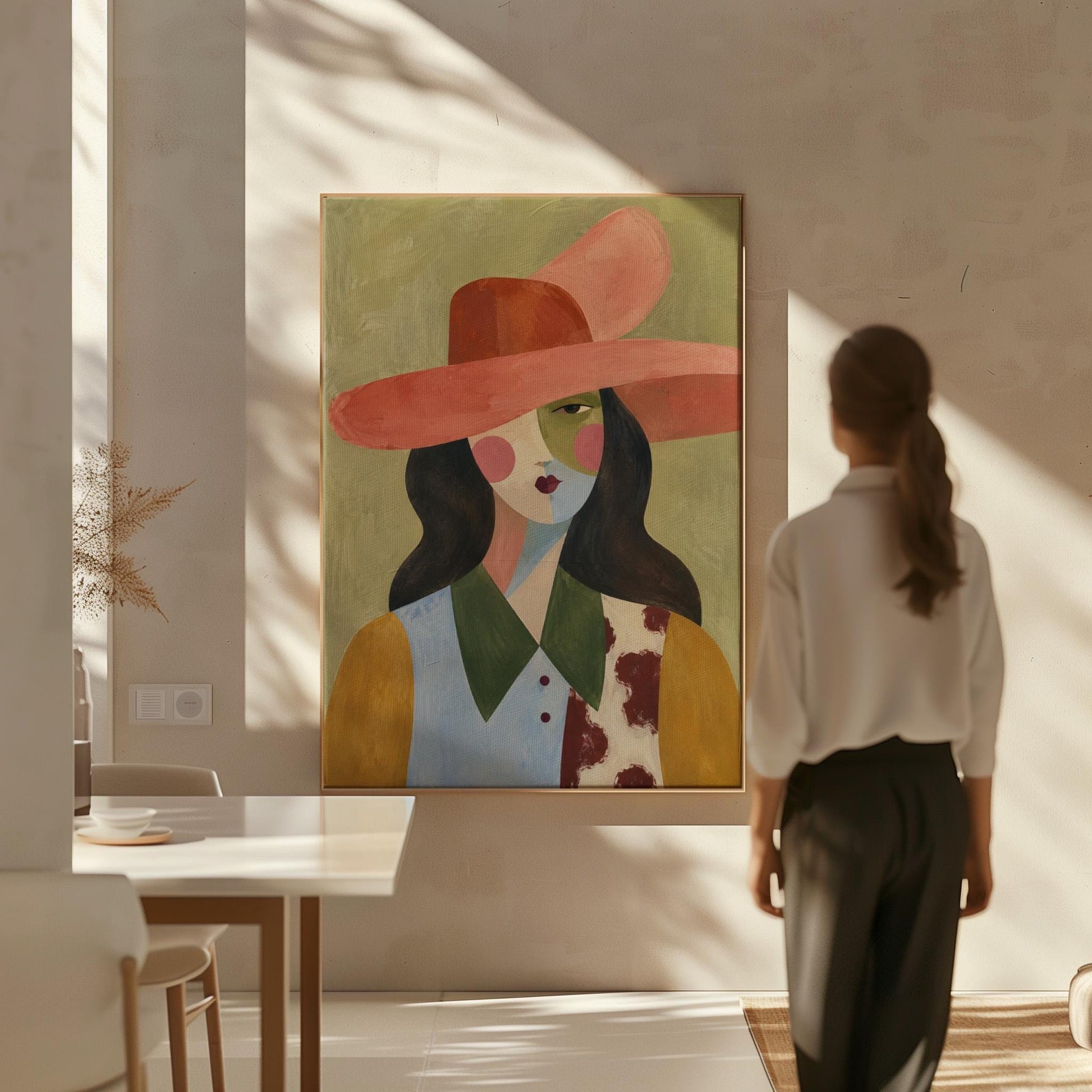 Abstract cowgirl in a wide coral hat with a cow print vest and dark hair, canvas wall art seen in a warm interior with natural light