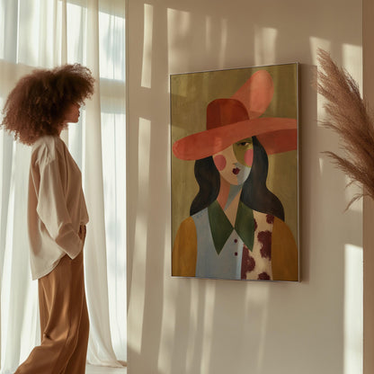 Abstract cowgirl in a wide coral hat with a cow print vest and dark hair, canvas wall art presented in a light, minimal room