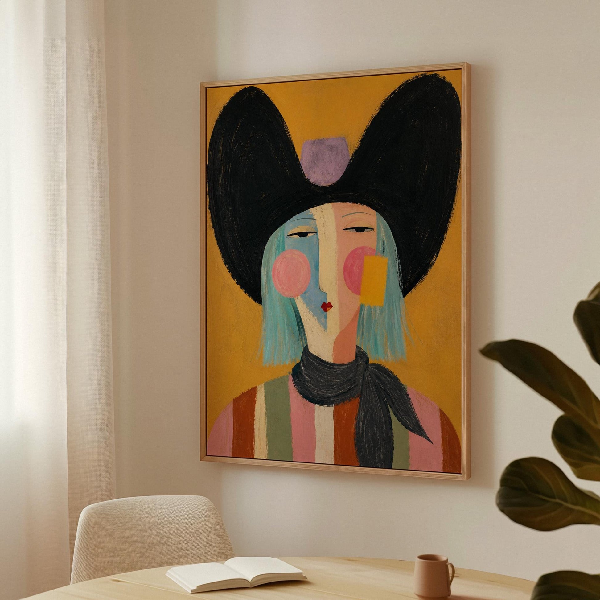 Expressive cowgirl with sweeping black hair and a scarf on an ochre ground, canvas print hanging in a calm, modern living space