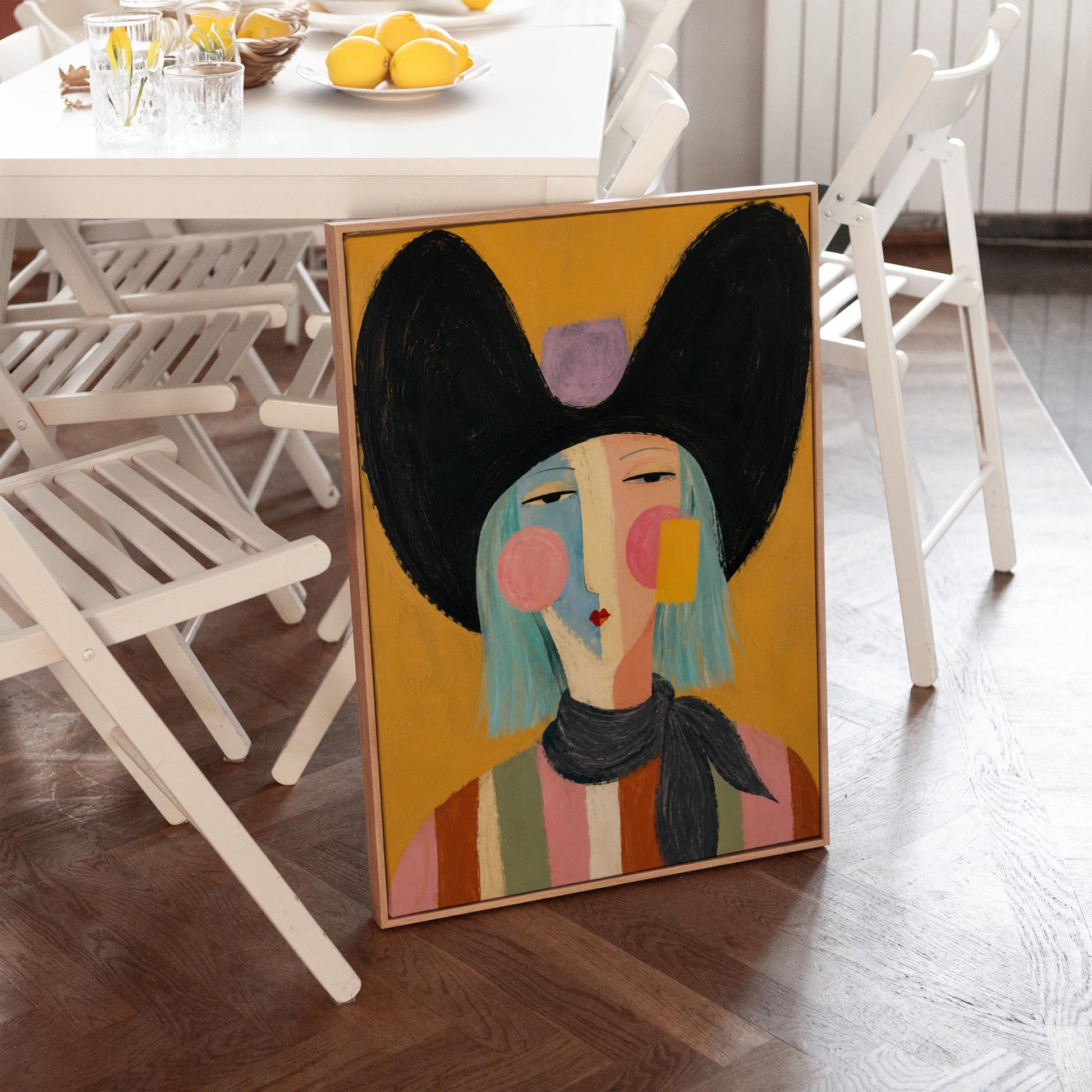 Expressive cowgirl with sweeping black hair and a scarf on an ochre ground, canvas print on a quiet wall in a considered interior