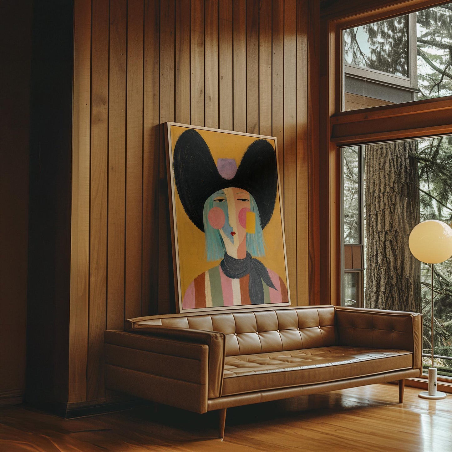 Expressive cowgirl with sweeping black hair and a scarf on an ochre ground, canvas print shown to scale in a furnished room