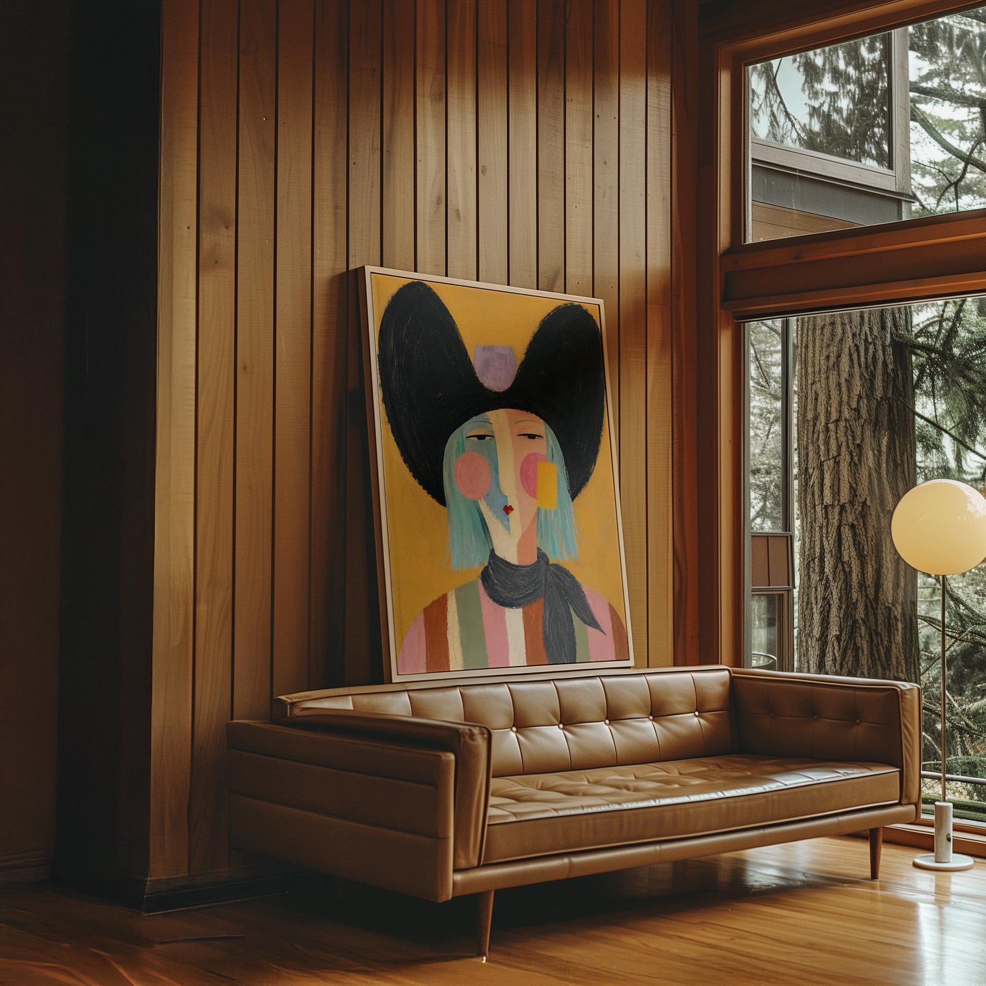 Expressive cowgirl with sweeping black hair and a scarf on an ochre ground, canvas print shown to scale in a furnished room