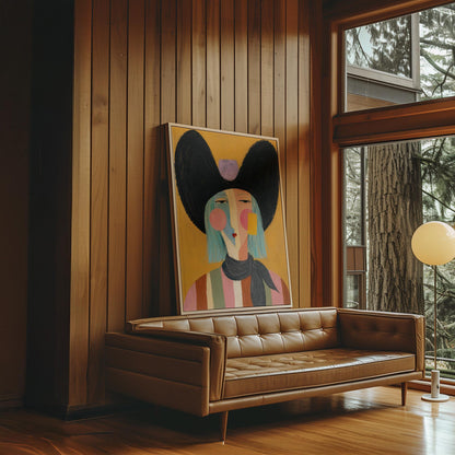 Expressive cowgirl with sweeping black hair and a scarf on an ochre ground, canvas print shown to scale in a furnished room