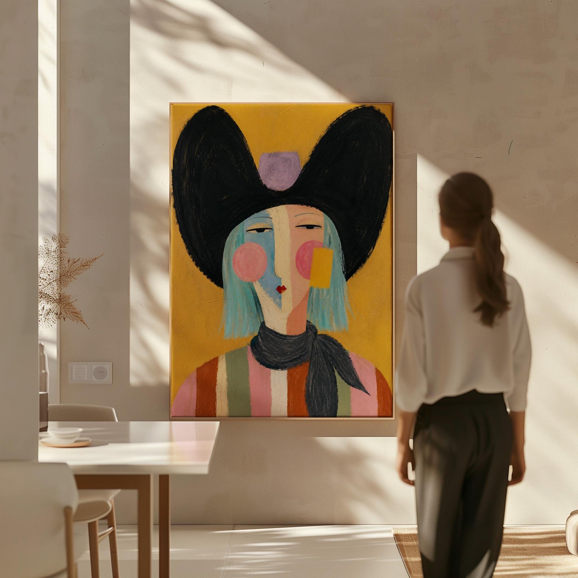 Expressive cowgirl with sweeping black hair and a scarf on an ochre ground, canvas print displayed on a neutral wall in a styled interior