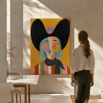 Expressive cowgirl with sweeping black hair and a scarf on an ochre ground, canvas print displayed on a neutral wall in a styled interior