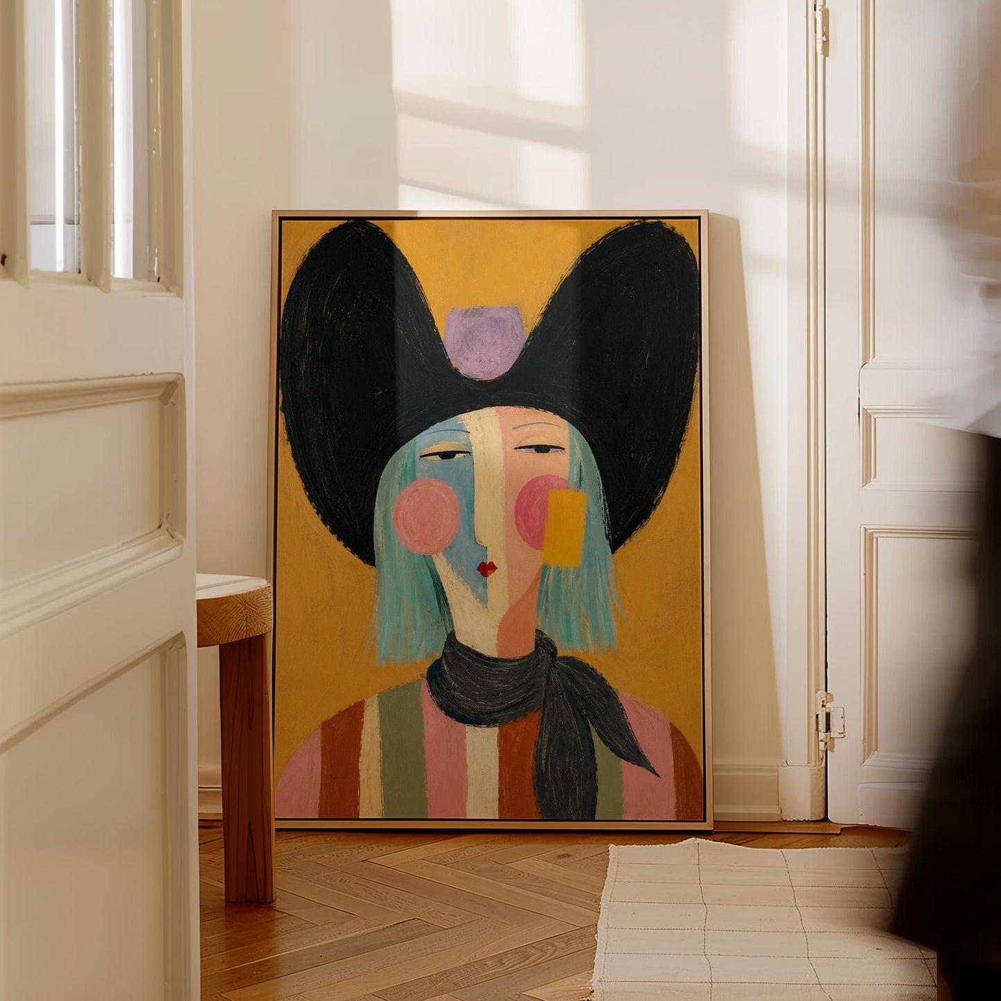 Expressive cowgirl with sweeping black hair and a scarf on an ochre ground, canvas wall art styled against a soft white wall