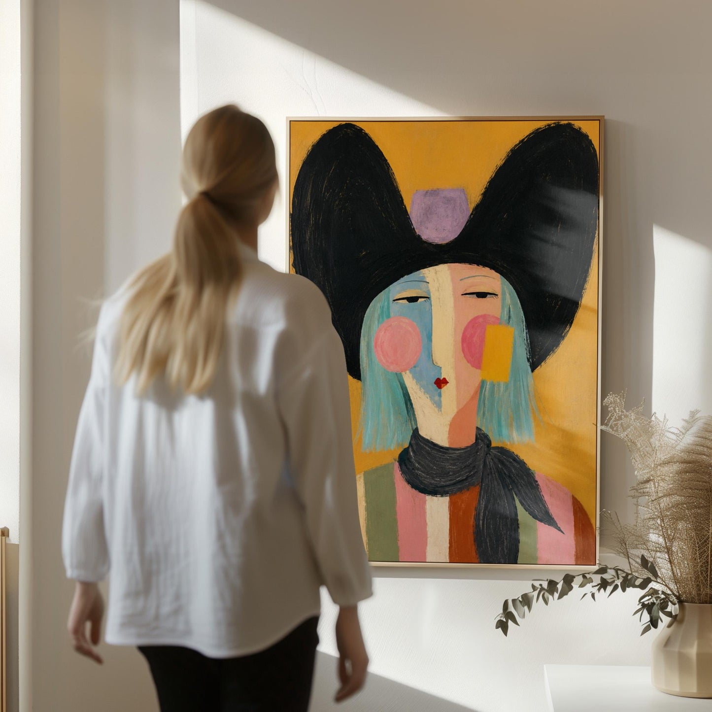Expressive cowgirl with sweeping black hair and a scarf on an ochre ground, canvas wall art seen in a warm interior with natural light