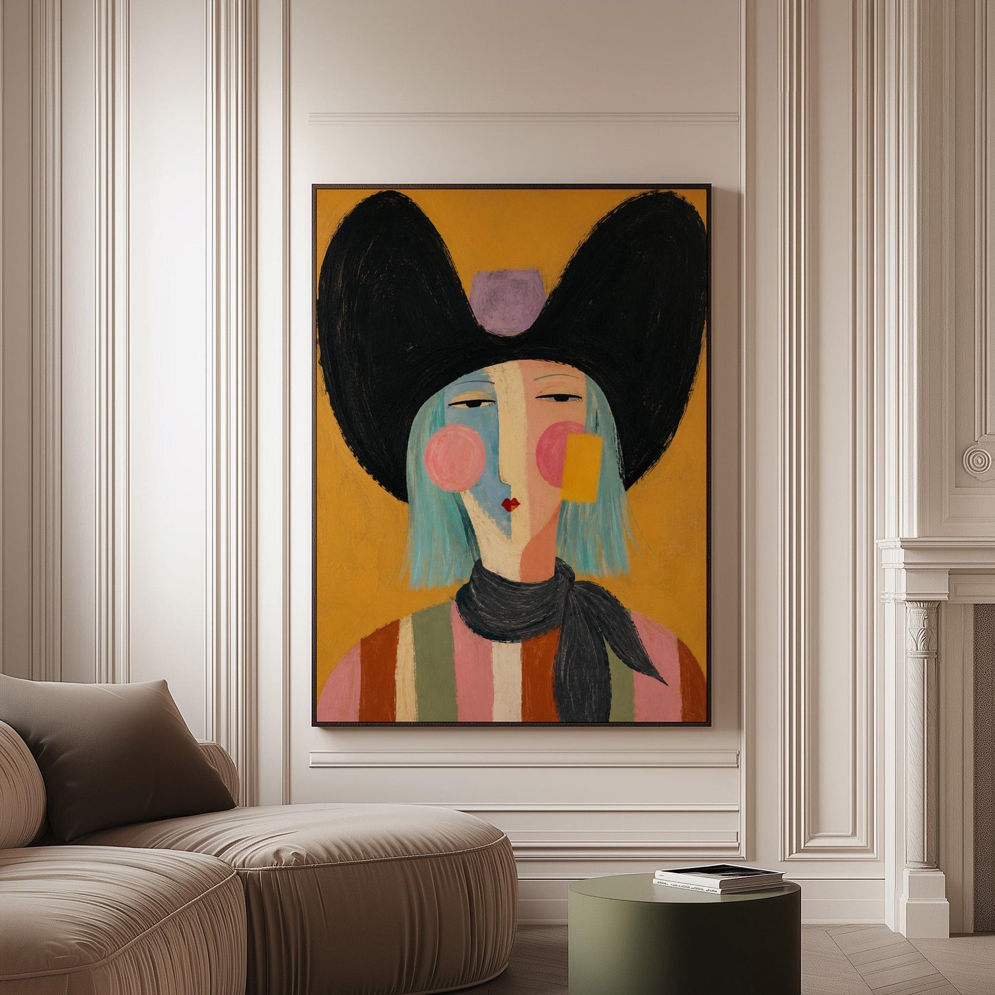 Expressive cowgirl with sweeping black hair and a scarf on an ochre ground, canvas print on a softly lit wall in a calm interior