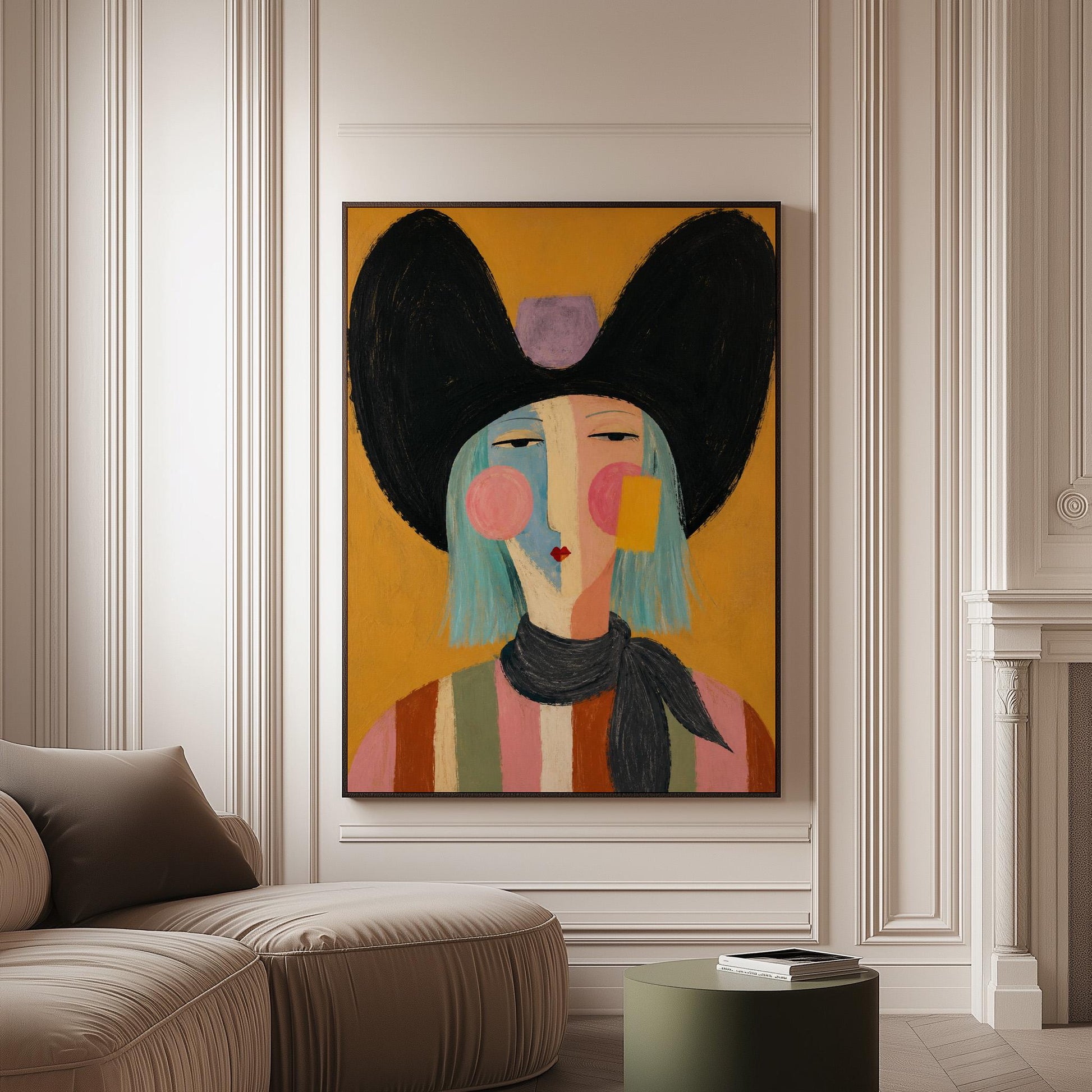 Expressive cowgirl with sweeping black hair and a scarf on an ochre ground, canvas print on a softly lit wall in a calm interior