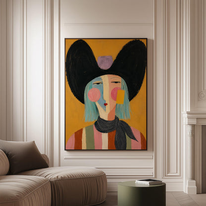 Expressive cowgirl with sweeping black hair and a scarf on an ochre ground, canvas print on a softly lit wall in a calm interior