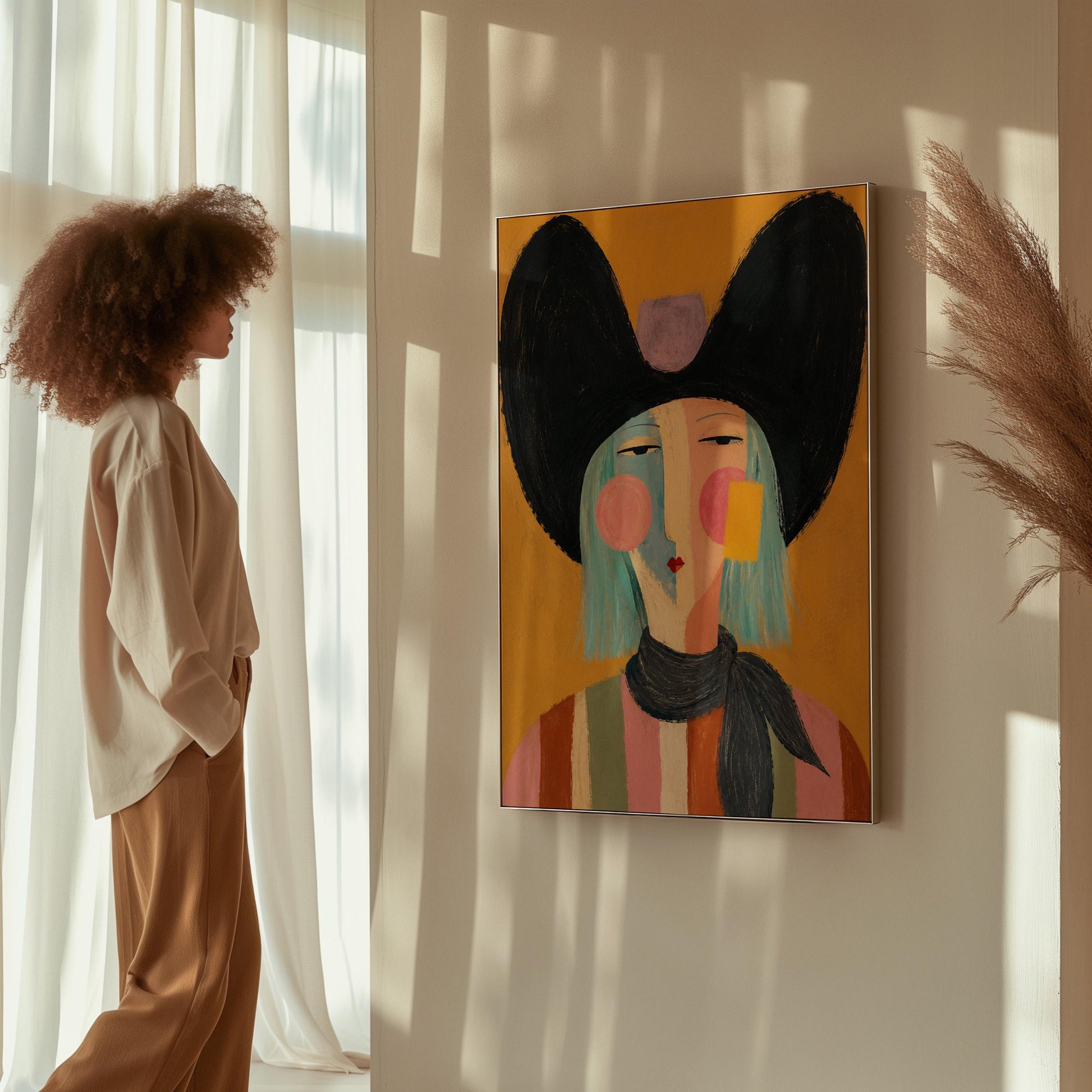 Expressive cowgirl with sweeping black hair and a scarf on an ochre ground, canvas wall art on a quiet wall in a considered interior