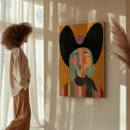 Expressive cowgirl with sweeping black hair and a scarf on an ochre ground, canvas wall art on a quiet wall in a considered interior