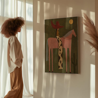 Cowgirl in a red hat riding a tall pink horse past a cactus under the moon, canvas print shown to scale in a furnished room