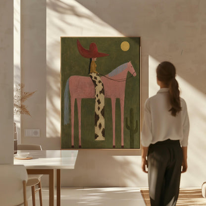Cowgirl in a red hat riding a tall pink horse past a cactus under the moon, canvas wall art hanging in a calm, modern living space