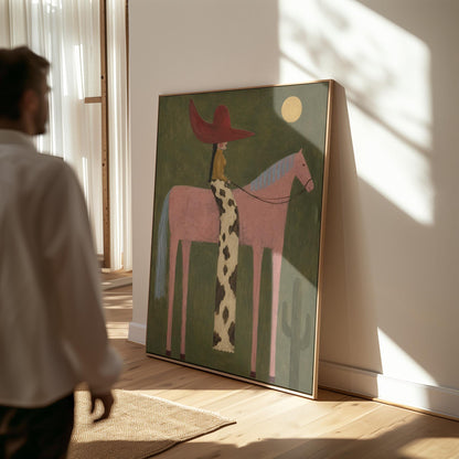 Cowgirl in a red hat riding a tall pink horse past a cactus under the moon, canvas wall art seen in a warm interior with natural light