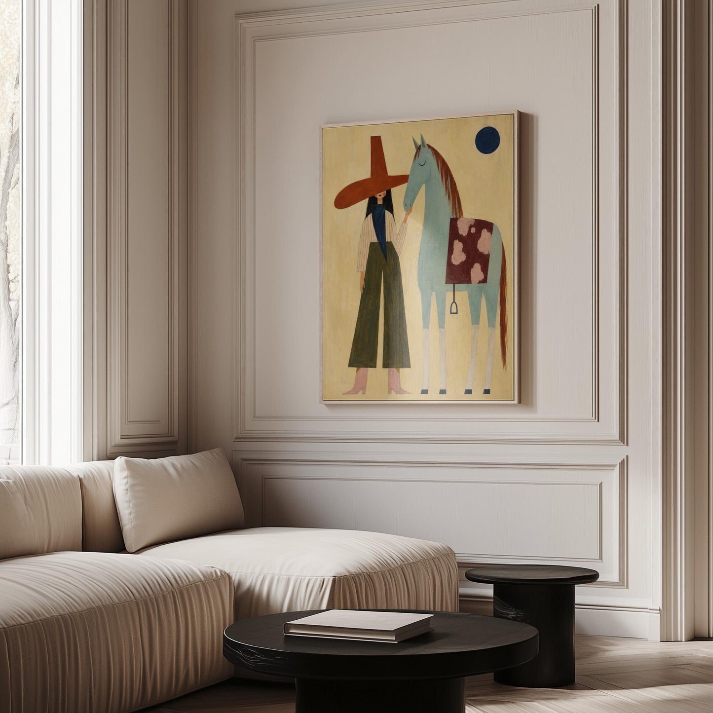 Woman in a wide red hat standing beside a gentle blue horse in the desert, canvas print styled against a soft white wall