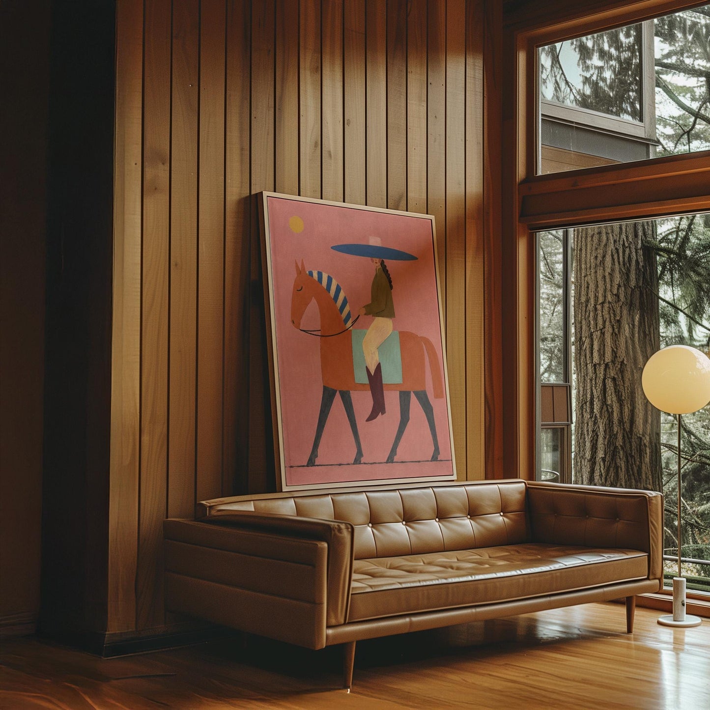 Cowgirl in a broad blue hat riding a rust red horse across a coral sky, canvas print styled against a soft white wall