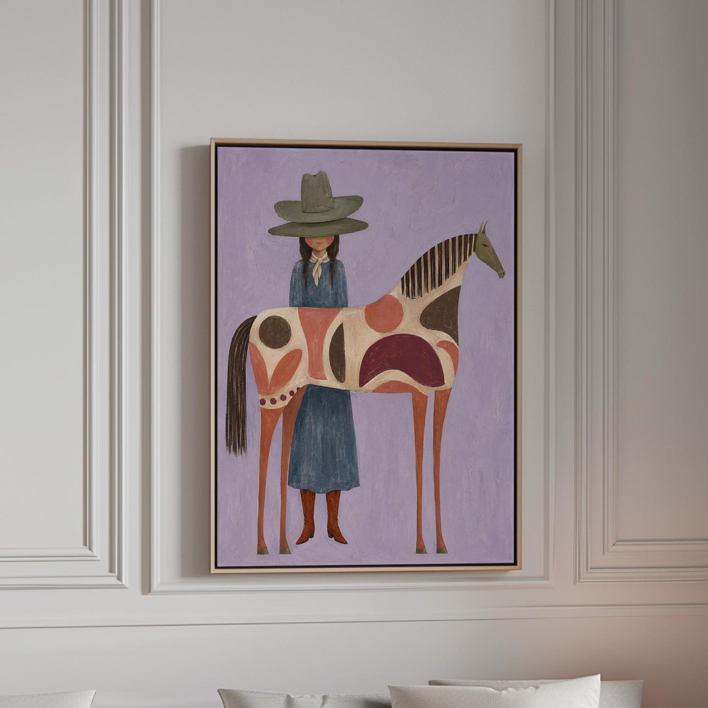 Woman in an olive hat before a patterned folk horse on a lavender ground, canvas print in a bright room with natural daylight