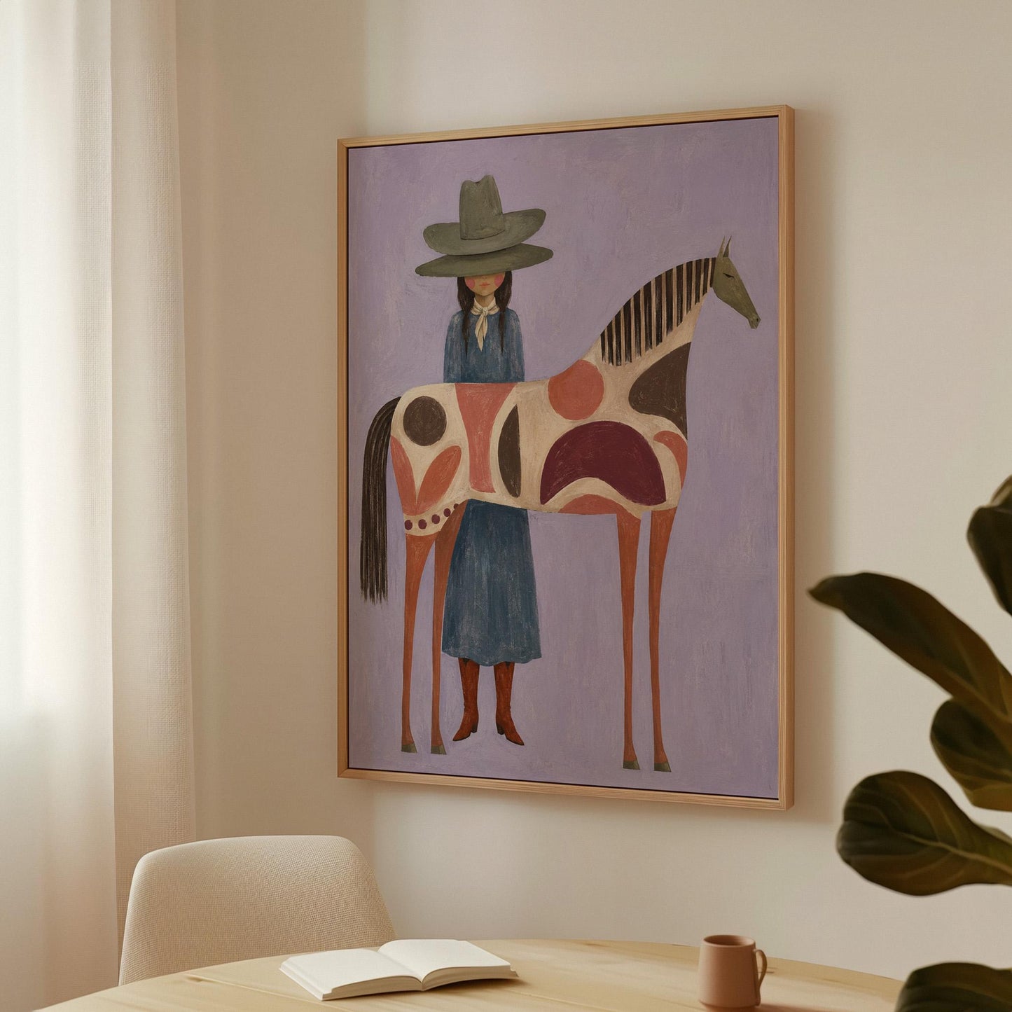 Woman in an olive hat before a patterned folk horse on a lavender ground, canvas print styled against a soft white wall