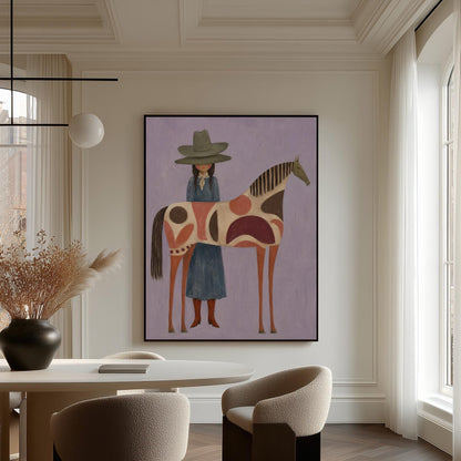 Woman in an olive hat before a patterned folk horse on a lavender ground, canvas print presented in a light, minimal room