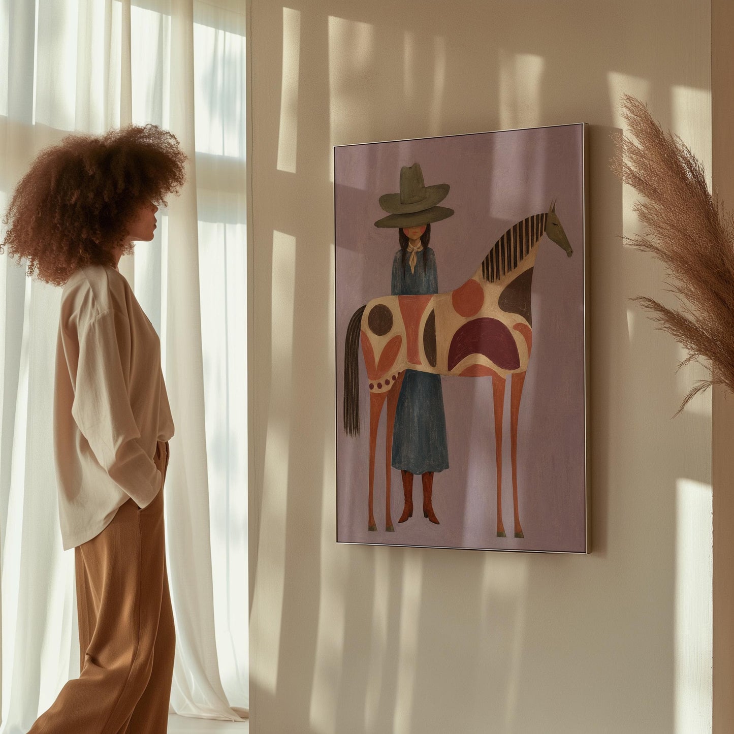 Woman in an olive hat before a patterned folk horse on a lavender ground, canvas print displayed on a neutral wall in a styled interior