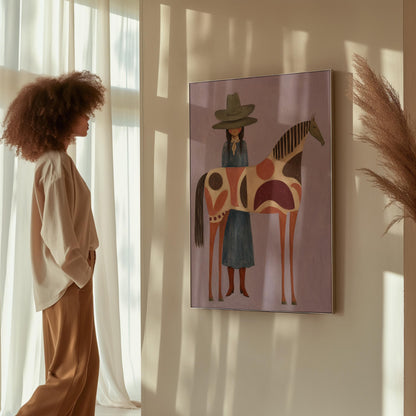 Woman in an olive hat before a patterned folk horse on a lavender ground, canvas print displayed on a neutral wall in a styled interior