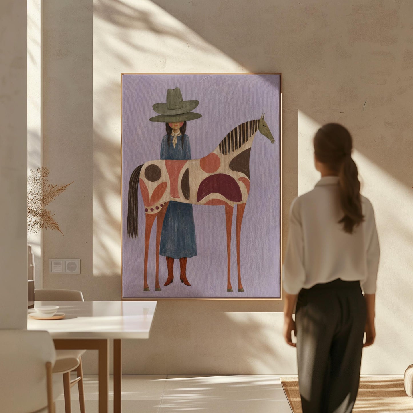 Woman in an olive hat before a patterned folk horse on a lavender ground, canvas wall art seen in a warm interior with natural light