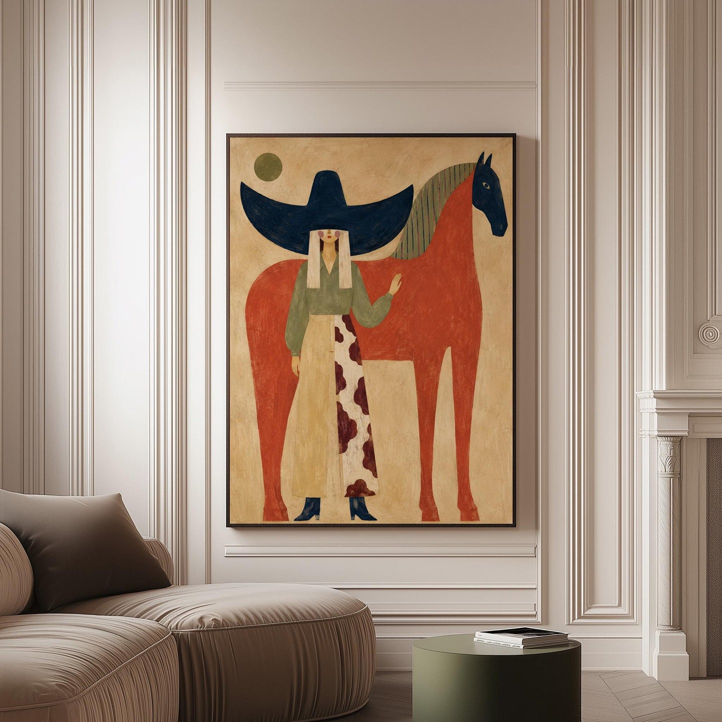 Woman in a navy hat standing by a red horse with a dark head under a moon, canvas print on a softly lit wall in a calm interior